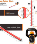 Close-up of Electric Hedge Trimmer With Corded Power, 4.8 Amp, 24 Inch Dual Action Laser Blade, less vibration feature shown