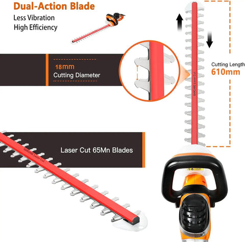 Close-up of Electric Hedge Trimmer With Corded Power, 4.8 Amp, 24 Inch Dual Action Laser Blade, less vibration feature shown