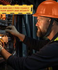 Man wearing orange HDPE helmet from 10 Pack Full Brim Hard Hats Orange Construction Helmet HDPE Safety Gear With 6 Point Adjustable Ratchet Suspension For Men And Women Durable Comfortable Worksite Ready Safety Gear For Work Sites working on electrical panel