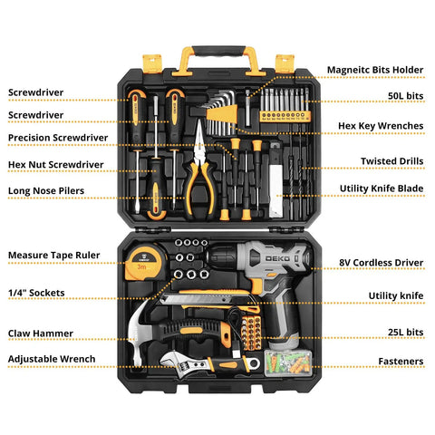 126 Piece DIY Tool Kit With 8V Cordless Drill, Handy Tool Box Set For Home Repair And Handyman Projects, tools inside case