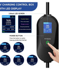 Slick Grab And Go Ev Charger With 3600W Fast Charge control box featuring 2.8-inch LED display and power button for EV charging.