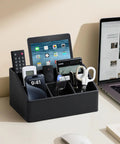 Straight Up Sturdy PU Leather Desk Organizer With Five Compartments Sleek Black Design multipurpose caddy holding tablets and remotes.