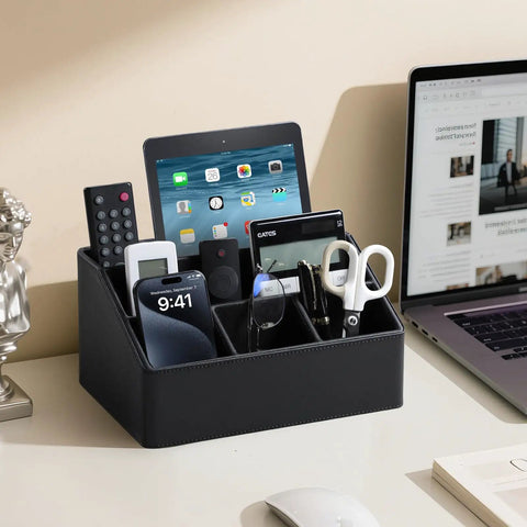 Straight Up Sturdy PU Leather Desk Organizer With Five Compartments Sleek Black Design multipurpose caddy holding tablets and remotes.