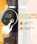 Ollygrin Electric Conical Burr Coffee Grinder With Touch Panel And 30 Precise Settings For Uniform Grinding, showcasing the touch control panel.