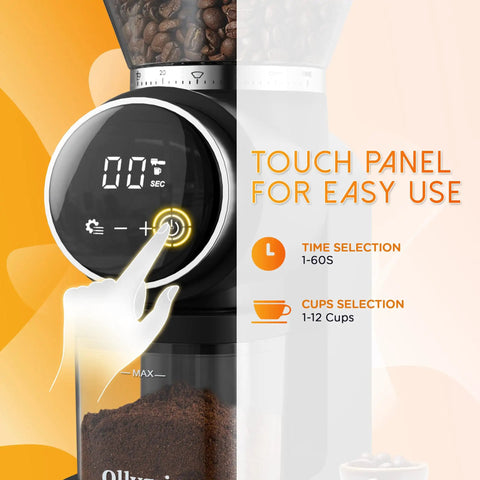 Ollygrin Electric Conical Burr Coffee Grinder With Touch Panel And 30 Precise Settings For Uniform Grinding, showcasing the touch control panel.