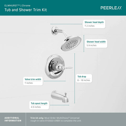 Diagram of Elmhurst Shower Trim Kit With Tub Spout Chrome Finish Upgrade For Tub And Shower, Single Setting Shower Head With Full Body Spray