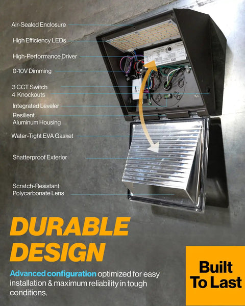 Open view of 6 Pack 80W LED Wall Pack showing internal components and aluminum housing, for outdoor security lighting.