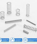 Flat lay of uxcell 10-pack compression springs, stainless steel, 4mm OD, 0.2mm wire, 20mm length, silver.