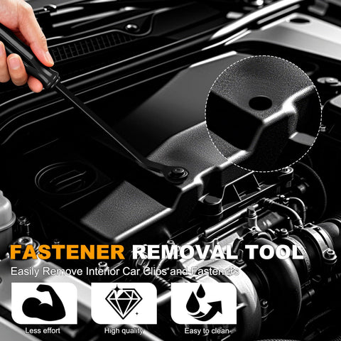 Your Go To Auto Trim Removal Tools Kit For Car Interiors And Dash Panels featuring fastener removal tool in use on engine.