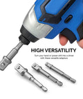 Impact Socket Adapter Set For Drill 1/4 3/8 1/2 Inch with holder and ratchet wrench attached to blue drill for hex screws and lag bolts