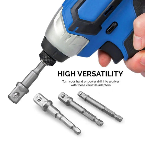 Impact Socket Adapter Set For Drill 1/4 3/8 1/2 Inch with holder and ratchet wrench attached to blue drill for hex screws and lag bolts