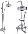 No Fuss All In One Rain Shower Fixture For Bathroom With 8 Inch Round Shower Head, Double Cross Handles, Tub Spout, Wall Mount, 3 Function Metal Handheld Sprayer, Polished Chrome