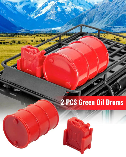 Red oil barrel and tool box from 12 Piece Red RC Crawler Accessory Kit For 1/18 TRX4M And 1/24 Axial SCX24 on roof rack