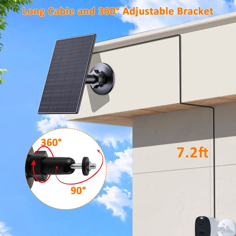 2W Solar Panel For Rechargeable Battery Security Cameras With Micro USB And USB C Ports 360 Degree Adjustable Mount outdoor