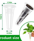 50 Pack Hydroponic Grow Baskets For Indoor Garden Systems shown with measurement dimensions and plant growth example
