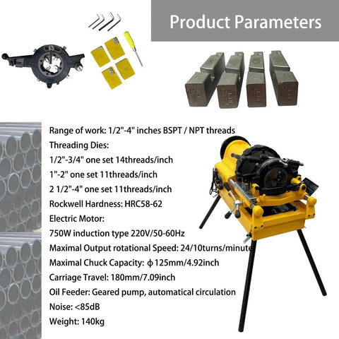 Heavy Duty 750 Watt Electric Pipe Threader Machine Half To Four Inch Threading Cutting And Reaming Badass Workhorse For Water Gas Or Electrical Conduits product parameters diagram with threading dies and specifications