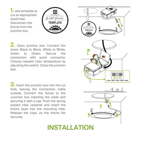 Installation guide for Lit Three Inch Ultra Thin Recessed LED Light With Five Color Temperature Options From 2700K To 5000K