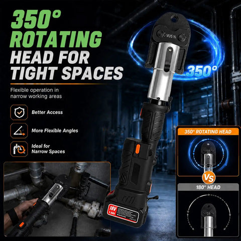 18V Cordless Brushless Electric Pressure Tool 60KN with 350° rotating head for tight spaces and flexible operation.