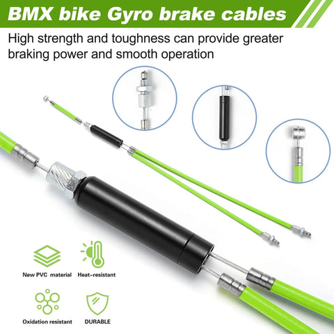 BMX bike gyro brake cables with green PVC coating and stainless steel connectors, durable performance, for 20 inch bikes.