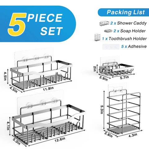 Rustproof Stainless Steel Shower Caddy Set With No Drill Adhesive For Inside Shower, Bathroom And Kitchen Organization, Five Piece Hanging Kit With Soap Holders And Toothbrush Holder, Large Capacity, Easy Install, XL Size