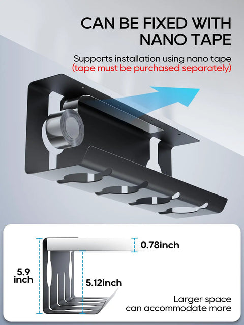 Black no drill under desk cable tray clamp on metal wire organizer for office and home shown with nano tape fixing option.