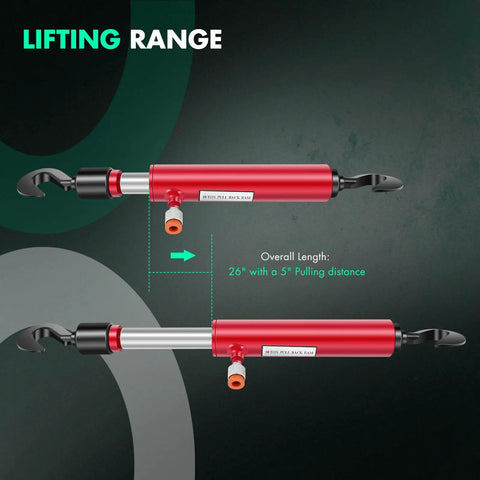 Sturdy 26 Inch Long 10 Ton Hydraulic Pull Back Ram Jack For Porta Power Frame Machine Repair shown with red finish and hook.