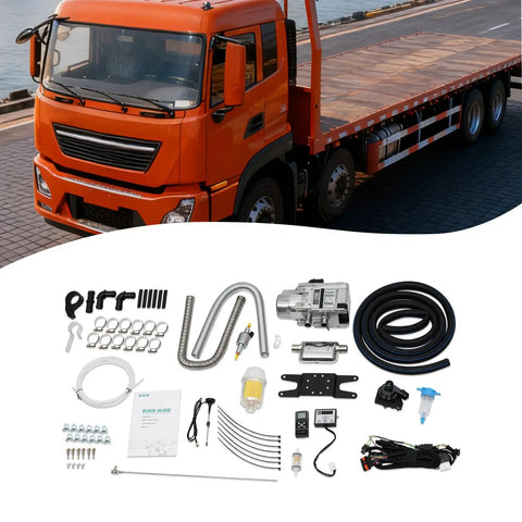 12V 5000W Diesel Cabin Heater Complete Kit With Efficient Air Ducting And Remote Control For Rv Vans And Trucks Delivering Quiet Bangin Heat On The Go, components laid out.