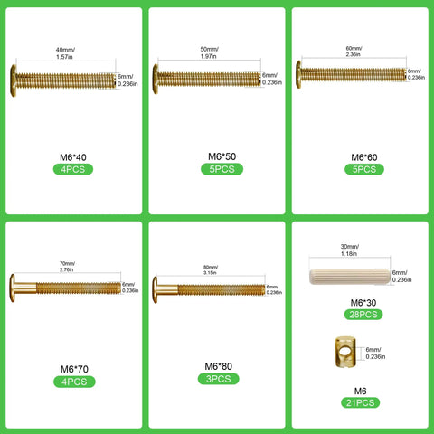 Crib Hardware Replacement Kit With Bed Frame Bolts, Nuts, Wooden Dowel Pins And Barrel Nuts, Hex Socket Cap Screws For Beds And Headboards, M6x40 50 60 70 80mm, Wrench Included, Heavy Duty Carbon Steel DIY Furniture Repair Kit, M6 bolts set