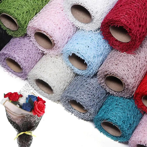 Pro Grade Flower Wrapping Mesh Paper For Bouquets in various colors, stacked rolls with irregular hollow net pattern