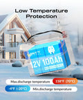 12V 100Ah LiFePO4 Battery with Built In 100A BMS for RVs and Golf Carts BCI Group 24 in snowy setting