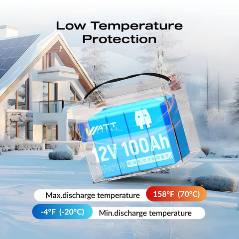 12V 100Ah LiFePO4 Battery with Built In 100A BMS for RVs and Golf Carts BCI Group 24 in snowy setting