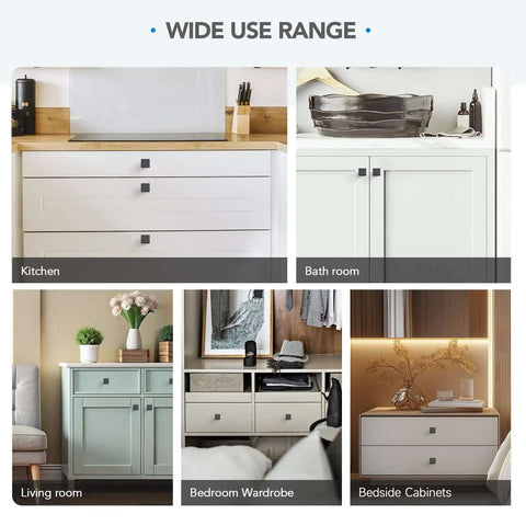 Wide use range of Slick Matte Black Cabinet Handles Made From Heavy Duty Zinc Alloy on various cabinets in home settings.