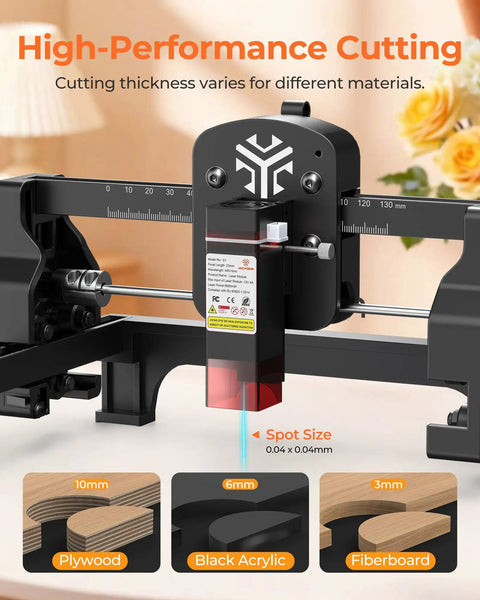Starter Friendly 2500mW Laser Engraver with Portable Cutter showing precision cutting thickness for different materials