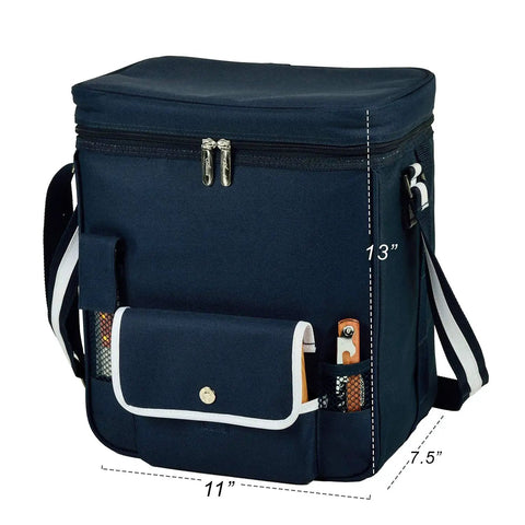 Grab The Goods Personalized Wine And Cheese Cooler Tote With Chill Insulation detailed view in navy, dimensions 13x11x7.5 inches.