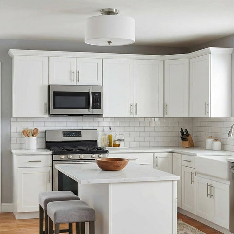 White kitchen with Newport 14 Inch Modern Two-Light Semi-Flush Mount Ceiling Light With Beige Linen Drum Shade And Oil-Rubbed Bronze Finish