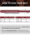 Sizing guide for 2 Inch Bridle Leather Work Belt For Heavy Duty Jobs Ox Red Finish Edge Stitched Tough As Nails Built To Last Heavy Duty Steel Roller Buckle X Large Made In USA Craft Durable American Made Belt For Tools And Gear.