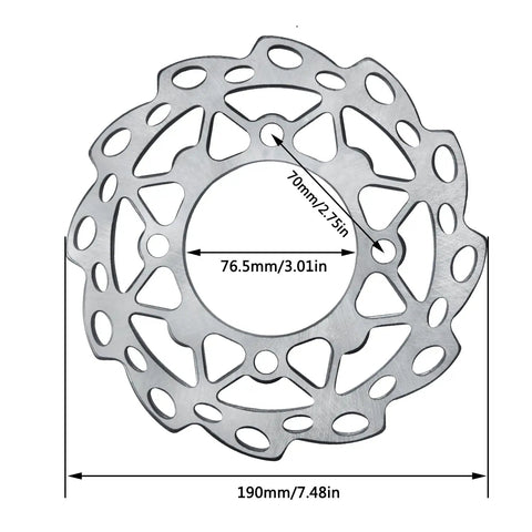 190mm Brake Disc Rotor Plate For 50cc To 125cc Chinese Pit Dirt Bikes Like SSR Apollo Taotao Coolster Lifan YCF Kayo Roketa And More Beefed Up Heavy Duty Performance Upgrade For Everyday Rides, showing measurements