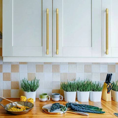 10 Pack 10 Inch Brushed Gold Cabinet Pulls Featuring Knurled Grip And Legit Solid Zinc on white kitchen cabinets.