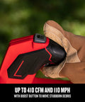 Gloved hand gripping Cordless Leaf Blower With Battery And Charger V20 For Quick Yard Cleanup Up To 110 MPH Air Speed tool.