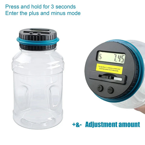 Digital Coin Jar For Saving Cash And Stashing Change, 1.8L Large Piggy Bank With LCD Counter close-up showing display and lid