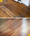 Before and after using Engineered Wood Floor Repair Kit 32 Oz For Squeaks And Pops, Fast Acting Adhesive Fills Gaps And Bonds Subfloor To Floor