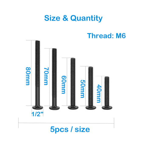 Crib Screws Kit M6 1.0 Black Hex Socket Cap Bolts 40mm 50mm 60mm 70mm 80mm displayed in size order
