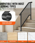 Tough As Nails Outdoor Stair Handrail Kit For Three To Four Steps Featuring Rust Proof Iron Railings in glossy black on various flooring types.