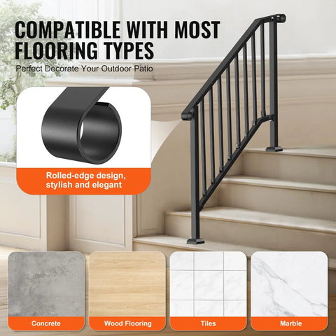 Tough As Nails Outdoor Stair Handrail Kit For Three To Four Steps Featuring Rust Proof Iron Railings in glossy black on various flooring types.
