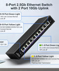 Angle view of 8-port 2.5Gb Ethernet switch with 2-port 10Gb uplink, indicator lights and power input detailed on the surface