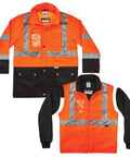 High Visibility Reflective Thermal Jacket Set With Rain Shell And Zip Off Sleeves, front view, orange and black design