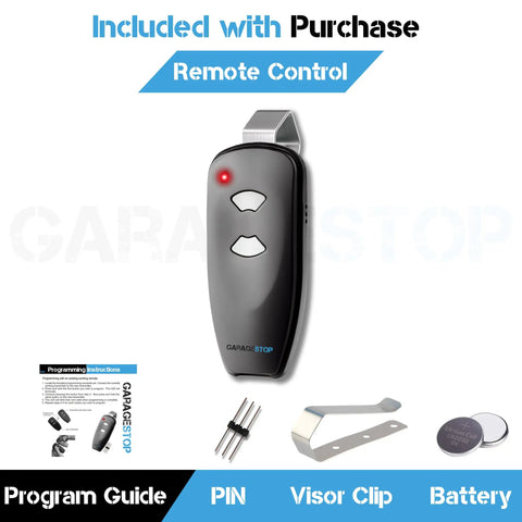 Two Button 315 MHz Garage Door Opener Remote Replacement For M3-2312 with accessories, includes programming pin, visor clip, battery.