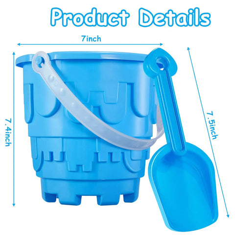 Blue bucket and shovel from Six Pack 7 Inch Beach Sand Buckets And Shovels Set With Colorful Castle Molds For Sandbox Or Pool Party Favors Totally Fun Kid Friendly Beach Toys Pack Of 6 Buckets And 6 Shovels