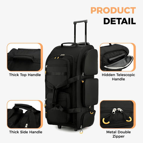 Searock black rolling duffle bag with wheels and retractable handle; thick top and side handles.