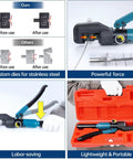 Hydraulic Crimping Tool For Cable Railing Kit With Wire Cutter Beefed Up Swaging Tool For One Eighth Inch Stainless Steel Cable T316 Hardware Dies Deck Railing Installation CR09 CK12 Compatible showing powerful force and lightweight design.